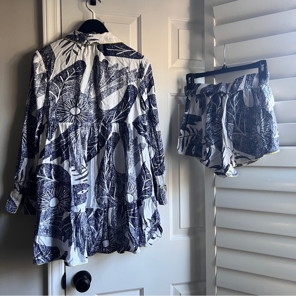 Anthropologie White and Blue Camille Cabanes Botanical Flannel Pajama Set - Picture 15 of 16